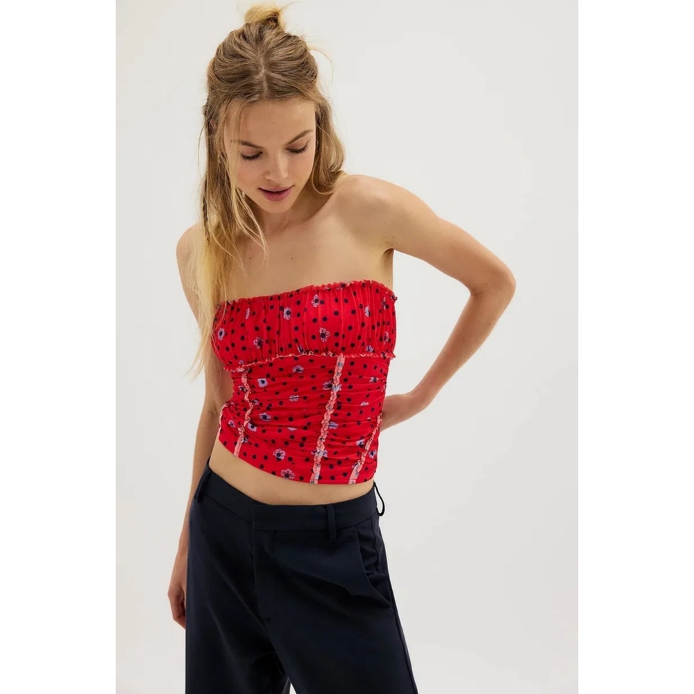 Free People Scottie Printed Tube Top Hot Red‎ Combo Floral & Polka Dot Medium